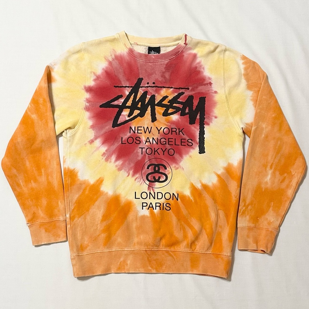 Vintage Stussy Long Sleeve Crew Neck Sweatshirt, Red Orange Yellow Tie Dye - S